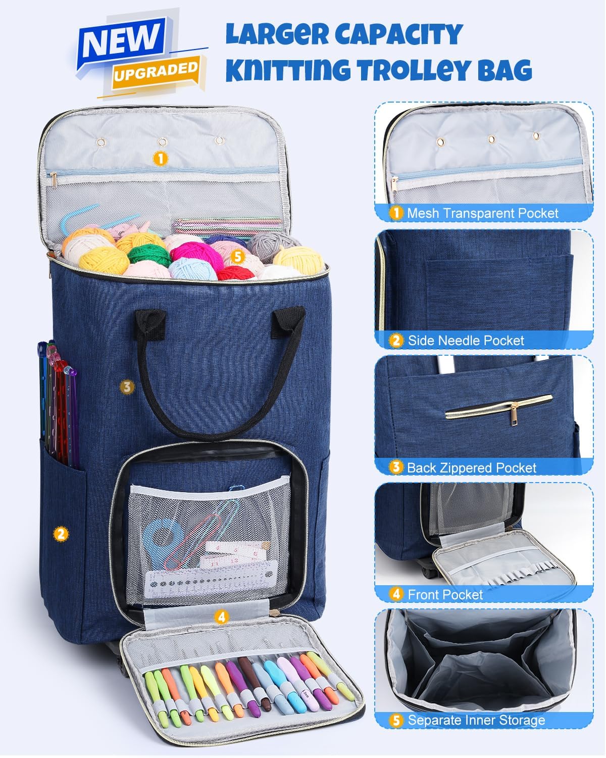 Portable Crochet Bag, Extra Large Yarn Storage for Crochet Accessories and Supplies, Yarn Bags with Wheels and Telescoping Handle, Durable Knitting Bag for Craft Enthusiasts - view 4