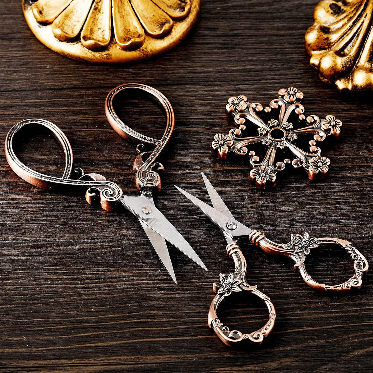 7 Pieces Embroidery Scissor Kit Vintage Scissors for European Style Stainless Steel Sewing Tool Set Antique Sewing Scissor for Crafting Embroidery Sewing Needlework (Red Copper) - view 5