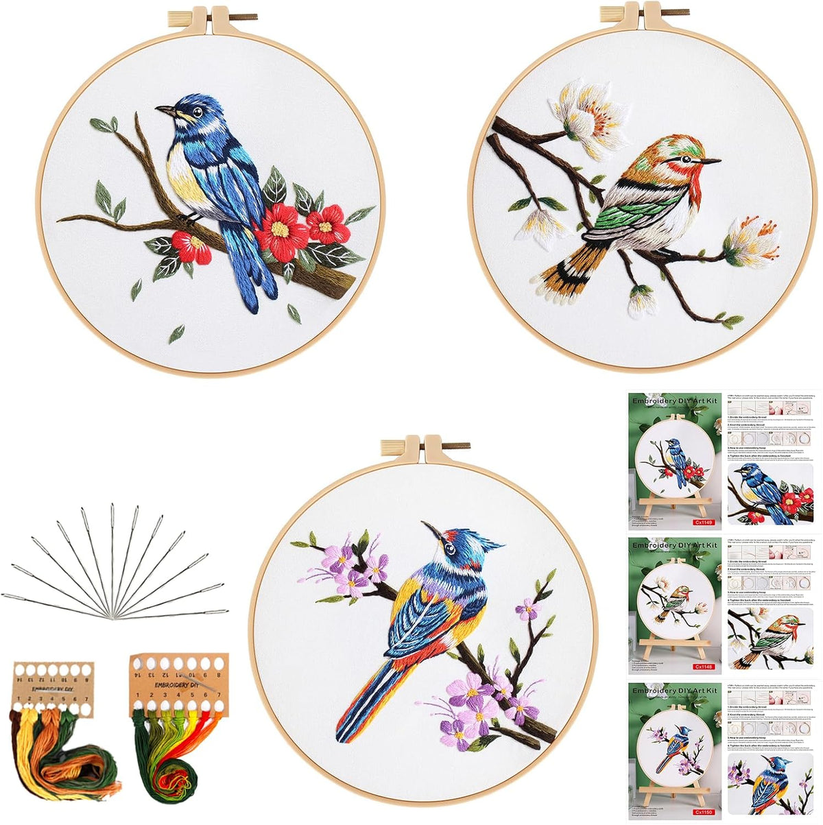 3 Sets Embroidery Kit for Beginners Needlepoint Cross Stitch Kits for Adults,Stitch Learning DIY Kit with Easy Instruction,Stamped Bird Embroidery Patterns,Hoop,Threads,Sewing Hobby