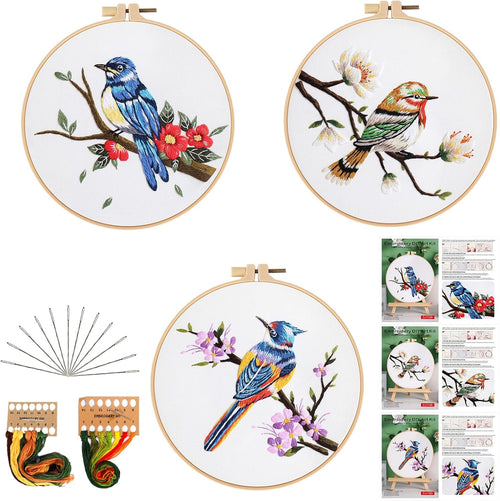 3 Sets Embroidery Kit for Beginners Needlepoint Cross Stitch Kits for Adults,Stitch Learning DIY Kit with Easy Instruction,Stamped Bird Embroidery Patterns,Hoop,Threads,Sewing Hobby