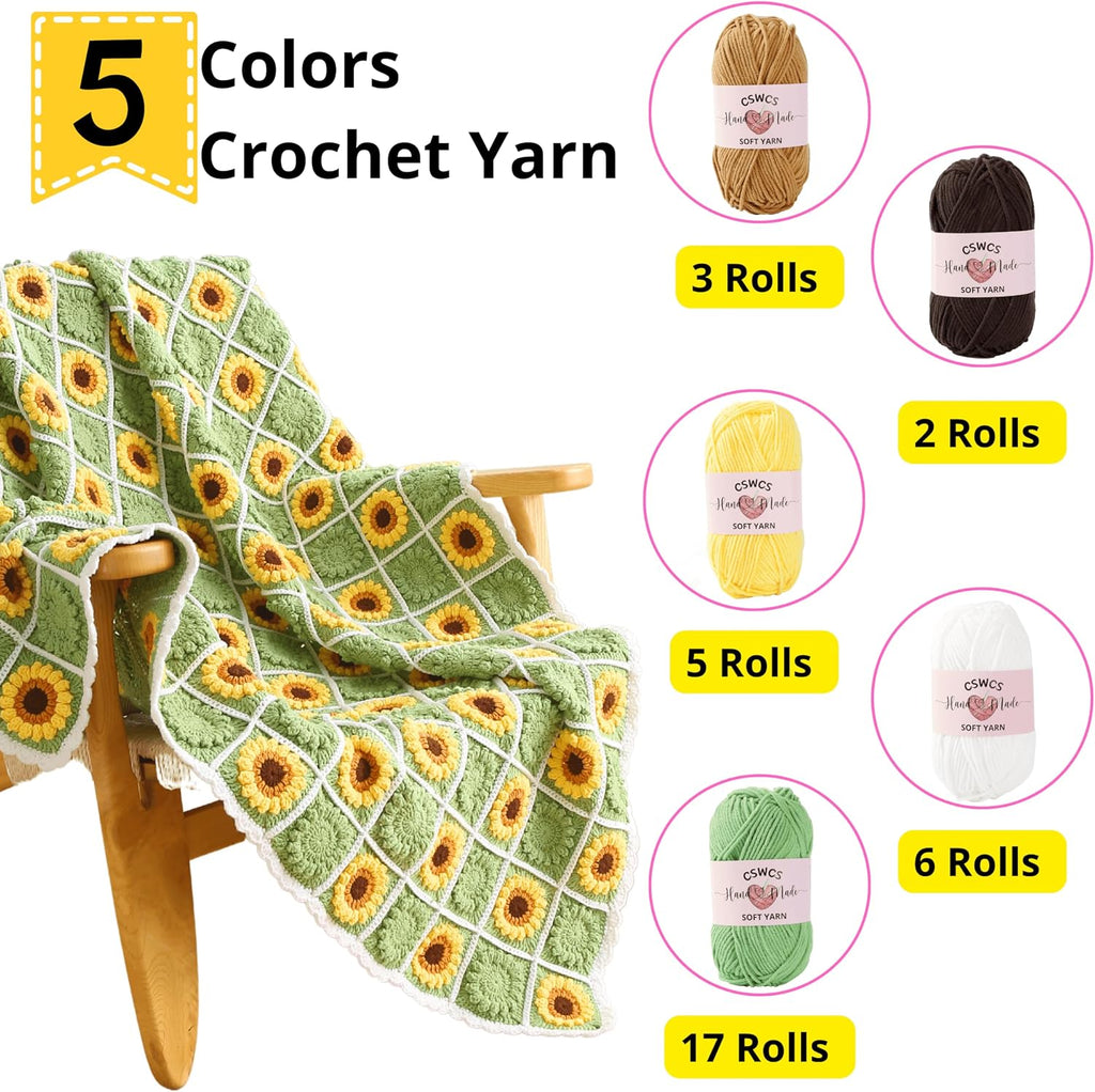 Crochet Blanket Kit for Beginners, Sunflower Granny Square Crochet Blanket Kit for Adults, Easy Learn How to Knitting with Yarn Accessories Book & Video Tutorials for Starter (47" x 39") - view 4