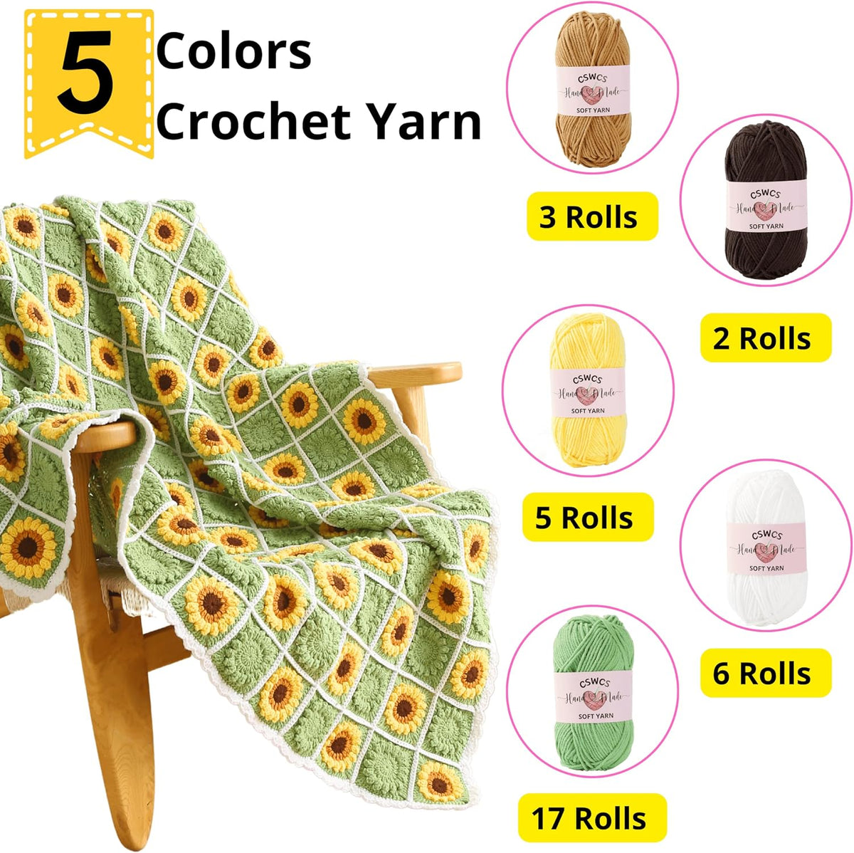 Crochet Blanket Kit for Beginners, Sunflower Granny Square Crochet Blanket Kit for Adults, Easy Learn How to Knitting with Yarn Accessories Book & Video Tutorials for Starter (47" x 39") - view 4