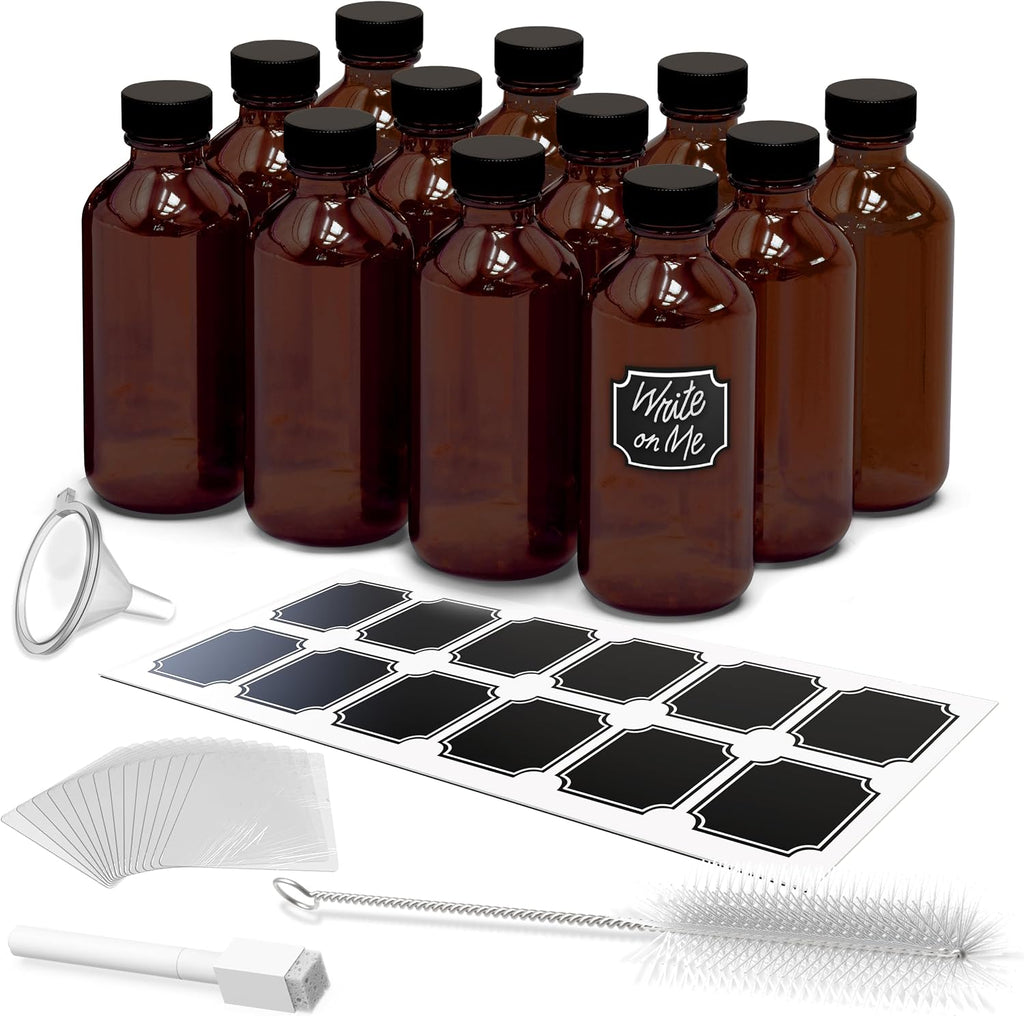 Amber Glass Bottle 12 Pack | 8 Oz Vanilla Extract Bottles Bundle | 8oz Amber Glass Jars with Lids, Shrink Wrap, Labels, Funnel & More | Use for Ginger Shots & Vanilla Bottles for Gift Giving