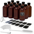 Amber Glass Bottle 12 Pack | 8 Oz Vanilla Extract Bottles Bundle | 8oz Amber Glass Jars with Lids, Shrink Wrap, Labels, Funnel & More | Use for Ginger Shots & Vanilla Bottles for Gift Giving