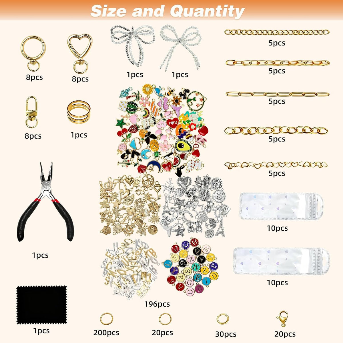 544-Piece Keychain Making Kit for Lip Gloss Holders & Bag Charms | 198 charms, 250 jump rings, clips, chains, jewelry pliers & opener, backpack charms, zipper pulls, party favors, craft nights - view 5
