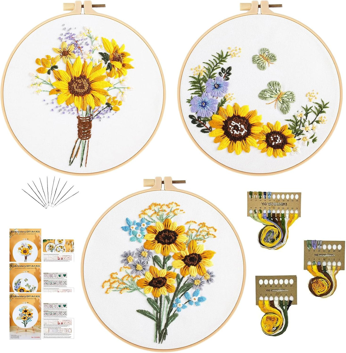 3 Sets Embroidery Kit for Beginners Needlepoint Cross Stitch Kits for Adults,Stitch Learning DIY Kit with Easy Instruction,Stamped Bird Embroidery Patterns,Hoop,Threads,Sewing Hobby - view 6