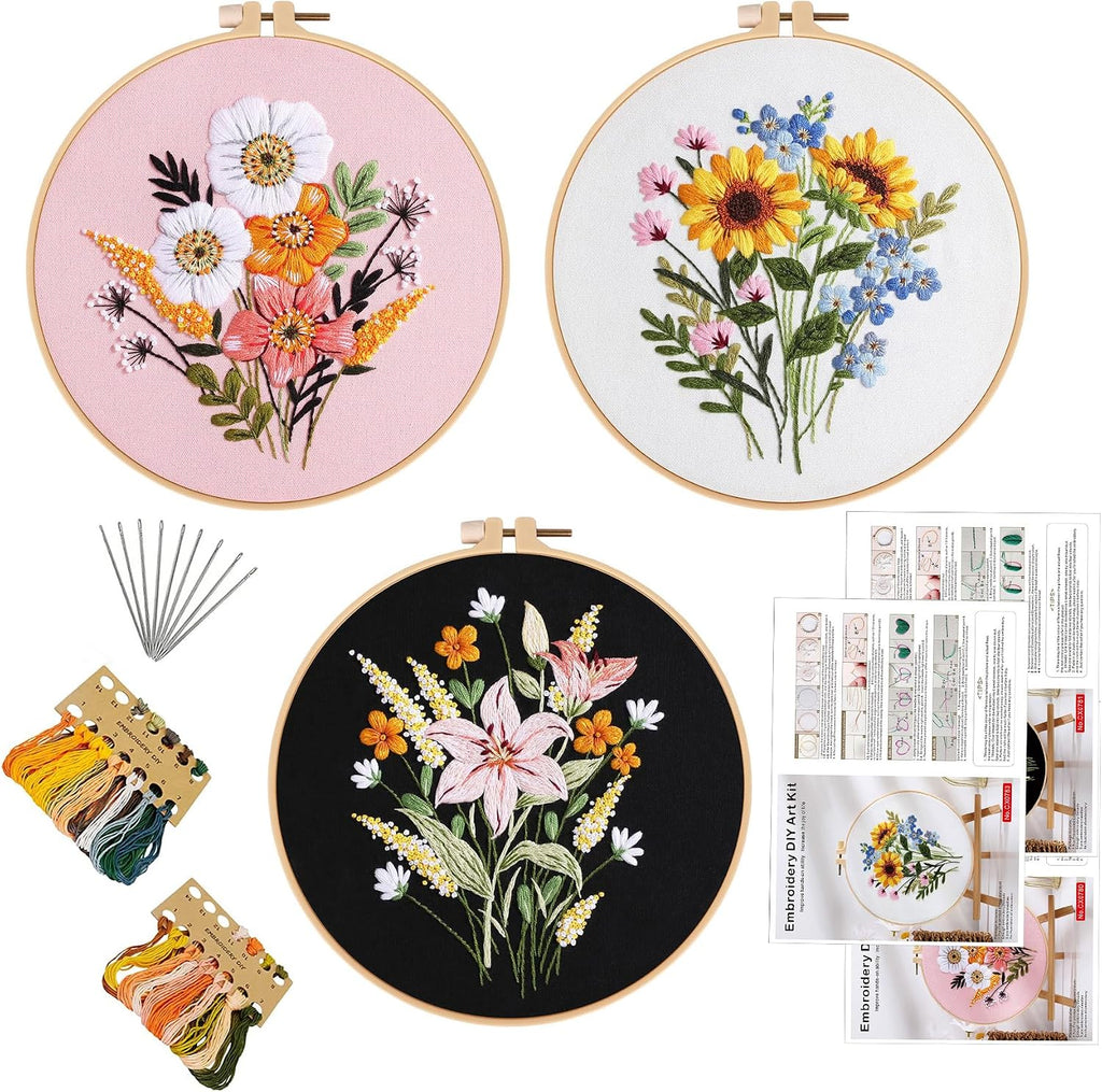 3 Sets Embroidery Kit for Beginners Needlepoint Cross Stitch Kits for Adults,Stitch Learning DIY Kit with Easy Instruction,Stamped Bird Embroidery Patterns,Hoop,Threads,Sewing Hobby - view 4