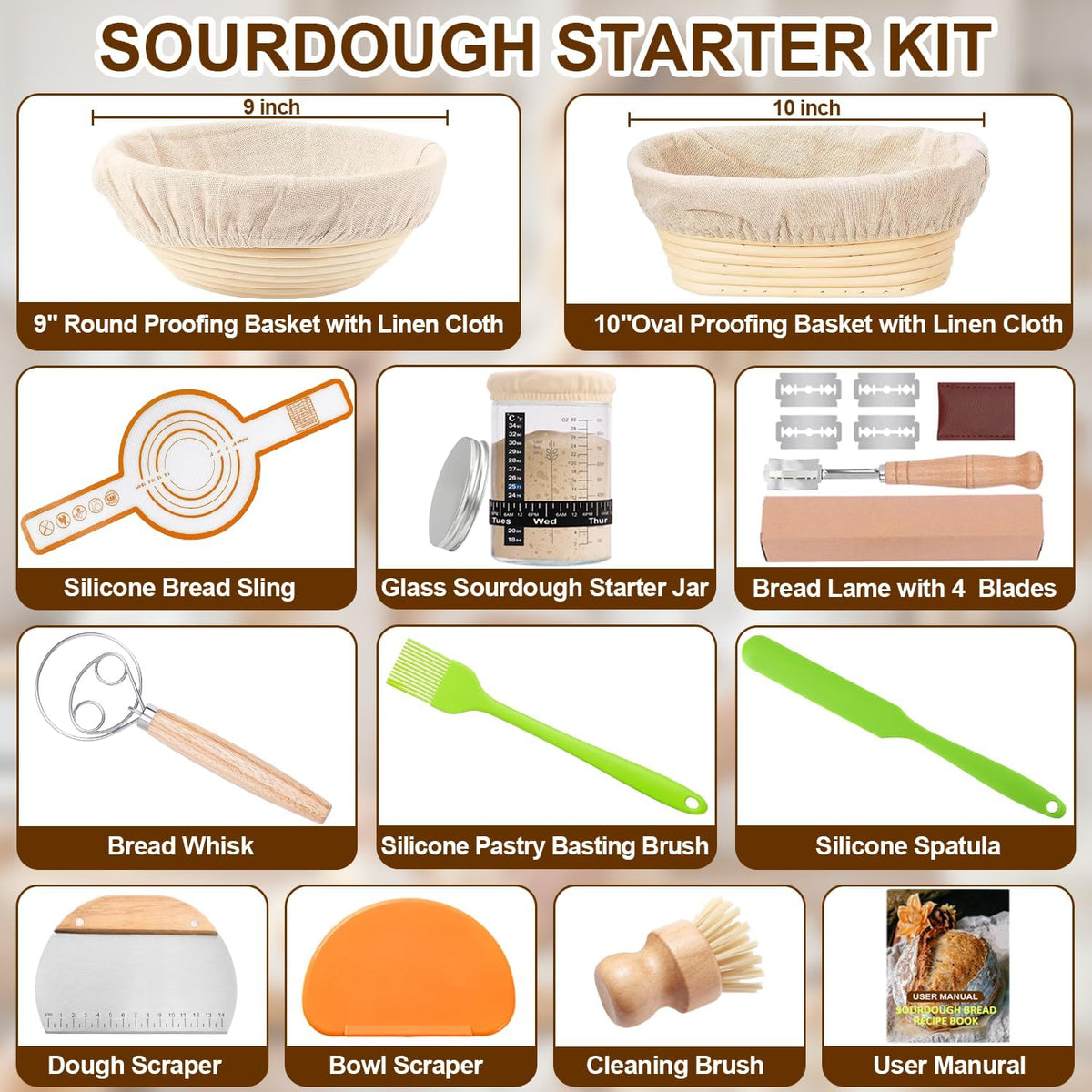 Sourdough Starter Kit, Banneton Bread Proofing Basket Set with Glass Starter Jar, 9" Round & 10" Oval Proving Basket Supplies, Complete Sourdough Bread Baking Tools Kit Gift for Bakers Women - view 2