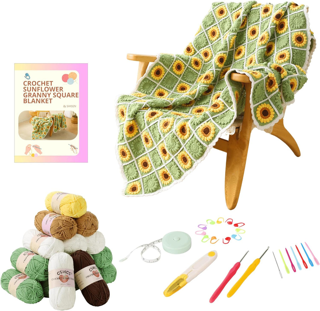 Crochet Blanket Kit for Beginners, Sunflower Granny Square Crochet Blanket Kit for Adults, Easy Learn How to Knitting with Yarn Accessories Book & Video Tutorials for Starter (47" x 39") - view 7