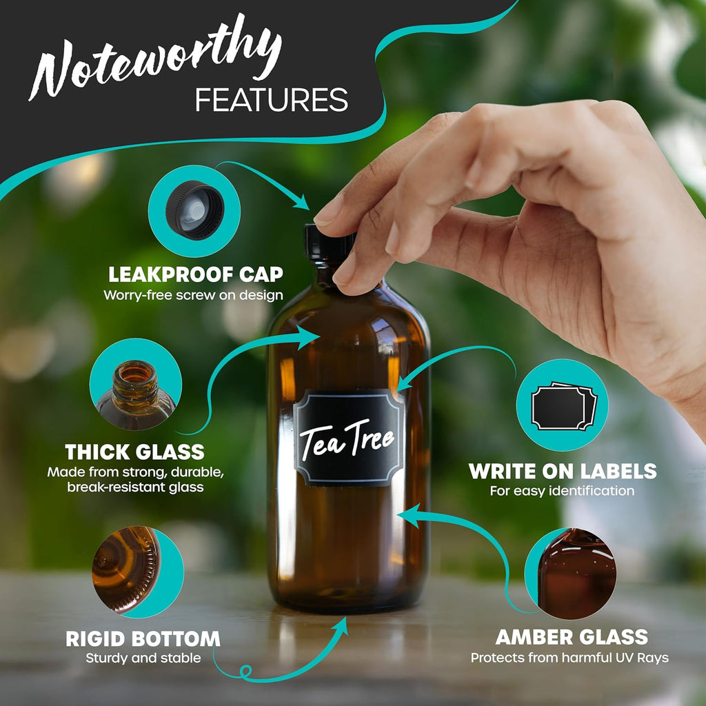 Amber Glass Bottle 12 Pack | 8 Oz Vanilla Extract Bottles Bundle | 8oz Amber Glass Jars with Lids, Shrink Wrap, Labels, Funnel & More | Use for Ginger Shots & Vanilla Bottles for Gift Giving - view 3