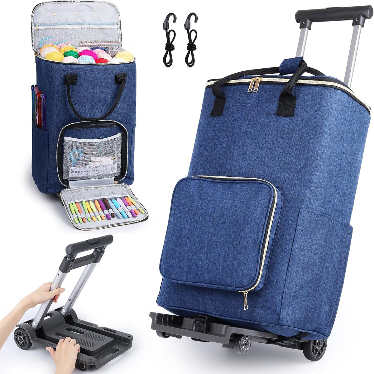 Portable Crochet Bag, Extra Large Yarn Storage for Crochet Accessories and Supplies, Yarn Bags with Wheels and Telescoping Handle, Durable Knitting Bag for Craft Enthusiasts
