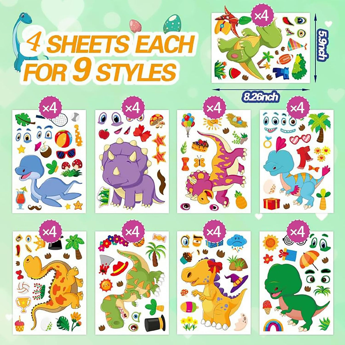 36 PCS Make-a-face Sticker Sheets Reusable Stickers Large Make Your Own Mix and Match Stickers Sheets Sticker Play Set Fantasy Kids Arts and Crafts Activity Party Favor Supplies Craft (Dinosaurs 1) - view 2