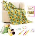 Crochet Blanket Kit for Beginners, Sunflower Granny Square Crochet Blanket Kit for Adults, Easy Learn How to Knitting with Yarn Accessories Book & Video Tutorials for Starter (47" x 39")