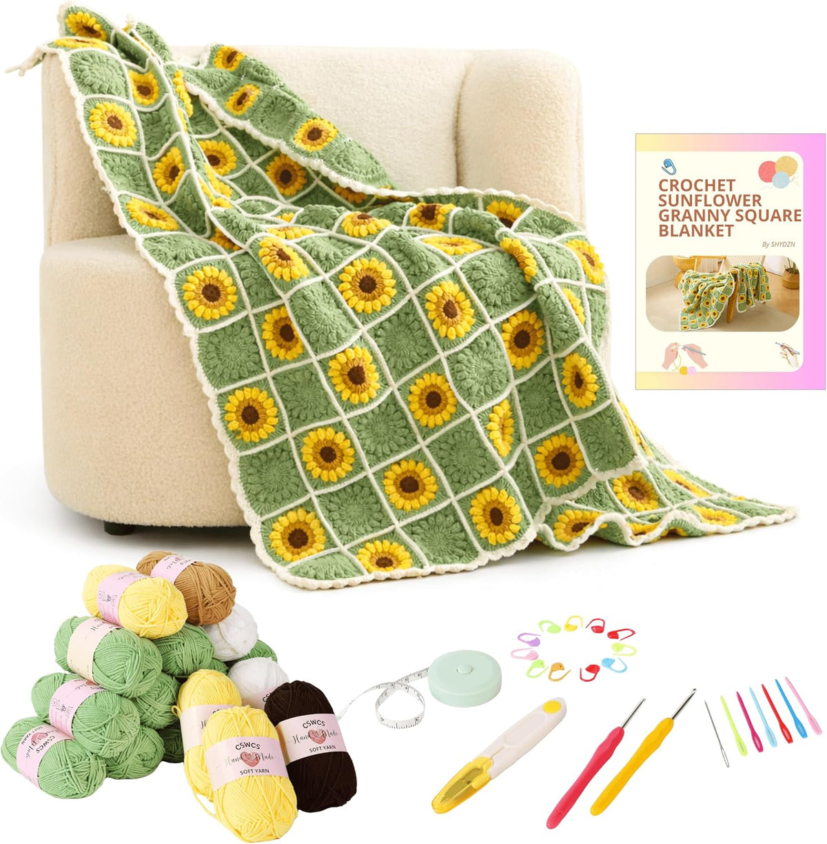 Crochet Blanket Kit for Beginners, Sunflower Granny Square Crochet Blanket Kit for Adults, Easy Learn How to Knitting with Yarn Accessories Book & Video Tutorials for Starter (47" x 39")