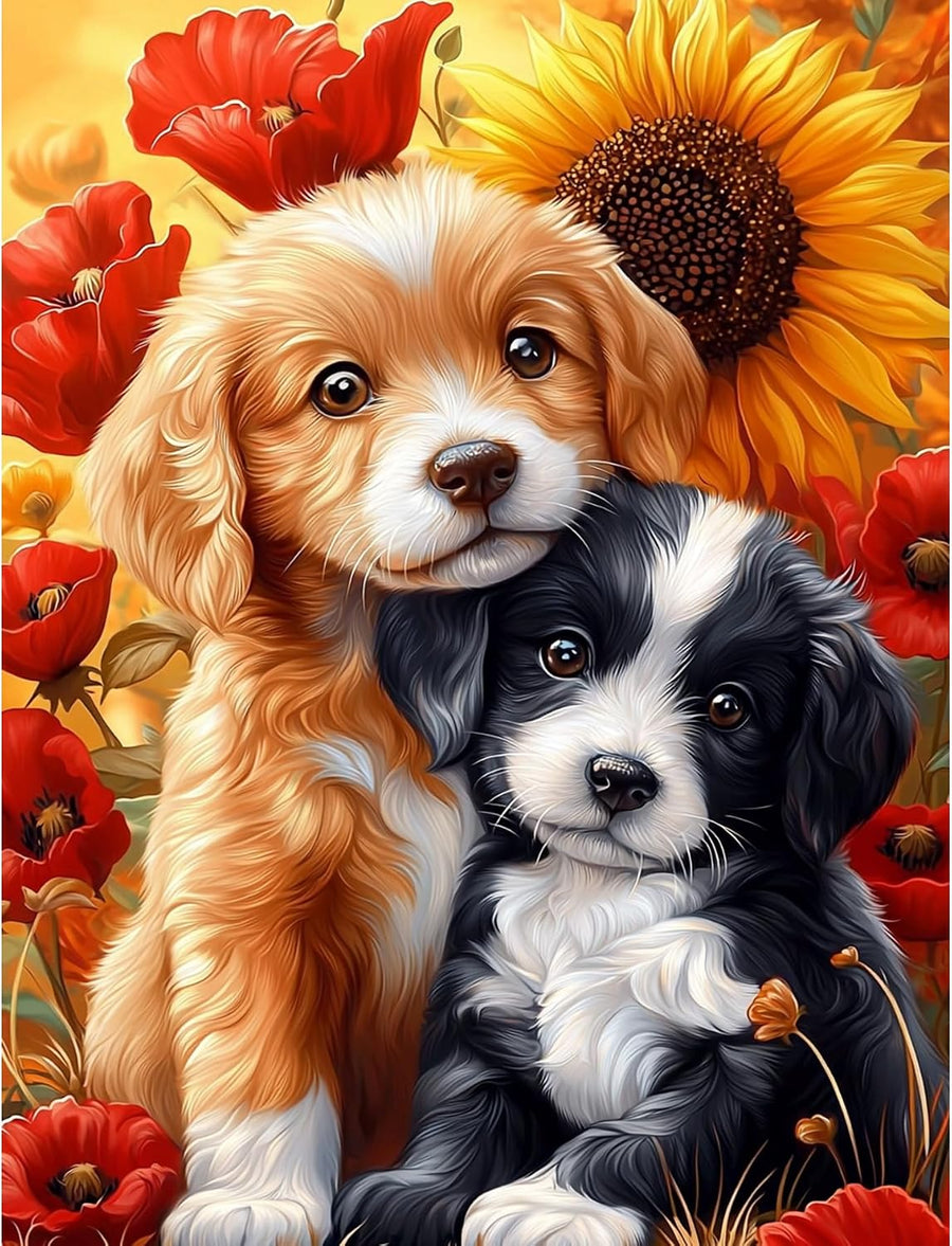 Diamond Art Kits for Adults, Two Dogs Diamond Painting Kits | DIY Red Poppies Full Drill Diamond Art Dots for Beginners, 5D Diamond Painting Gem Art Crafts Home Decor Gifts 12x16 inch
