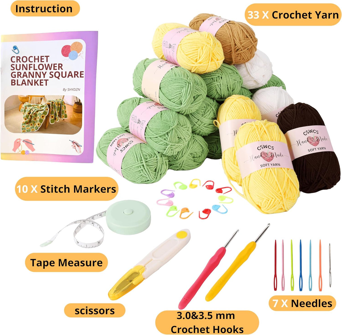 Crochet Blanket Kit for Beginners, Sunflower Granny Square Crochet Blanket Kit for Adults, Easy Learn How to Knitting with Yarn Accessories Book & Video Tutorials for Starter (47" x 39") - view 2