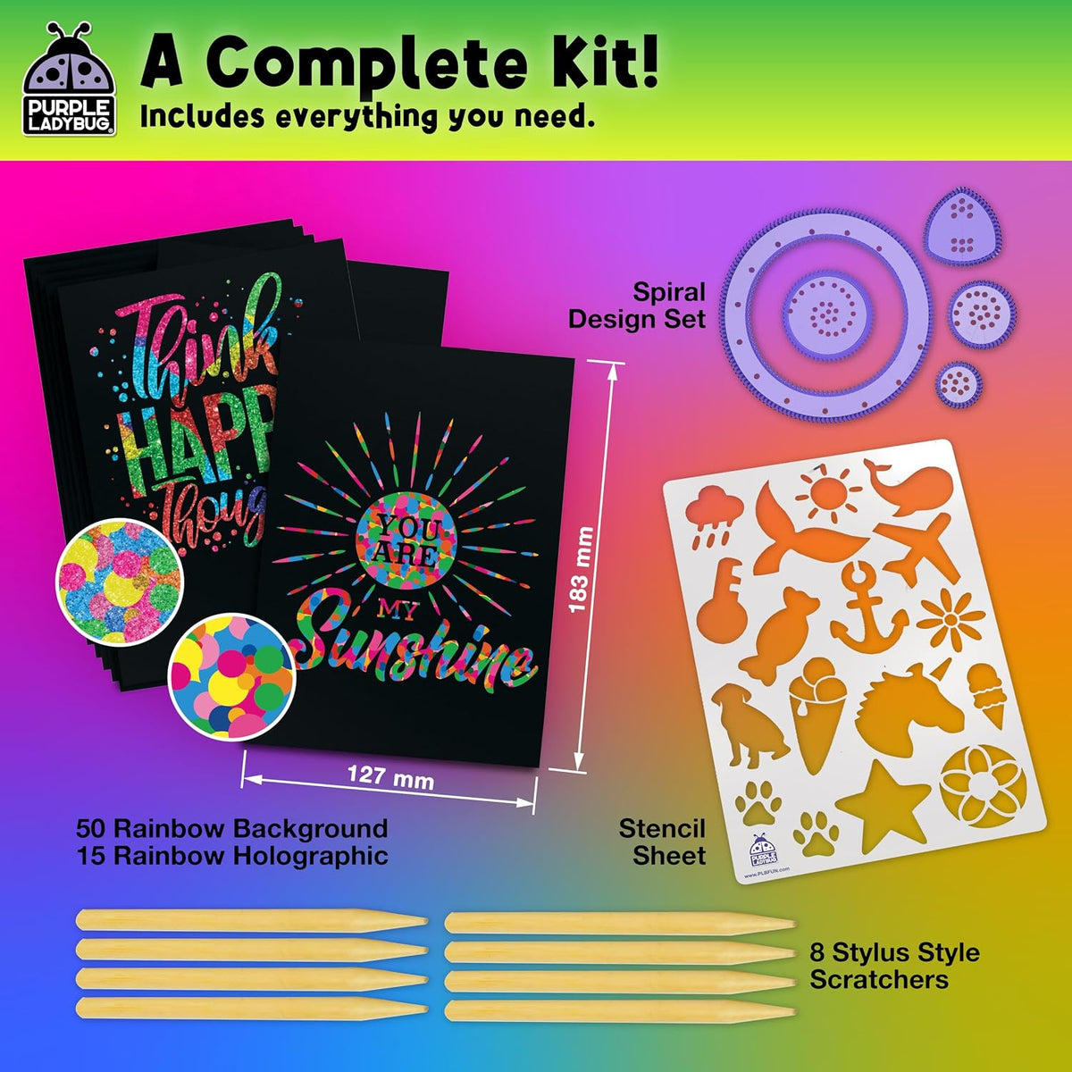 Rainbow Scratch Art Kit with Stencils, 79 Pc Craft Kit Ages 4-8 | Creative Drawing Paper & Stencils, Arts and Crafts for Ages 4-12, Summer Activities for Kids, Travel & Birthday Activities - view 3