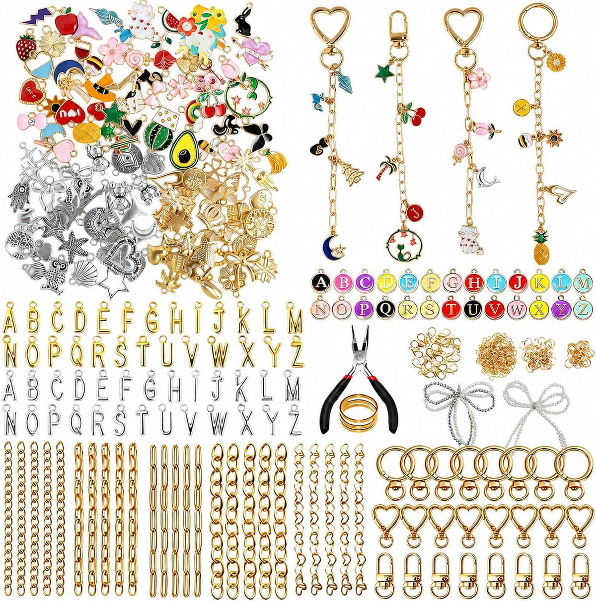 544-Piece Keychain Making Kit for Lip Gloss Holders & Bag Charms | 198 charms, 250 jump rings, clips, chains, jewelry pliers & opener, backpack charms, zipper pulls, party favors, craft nights