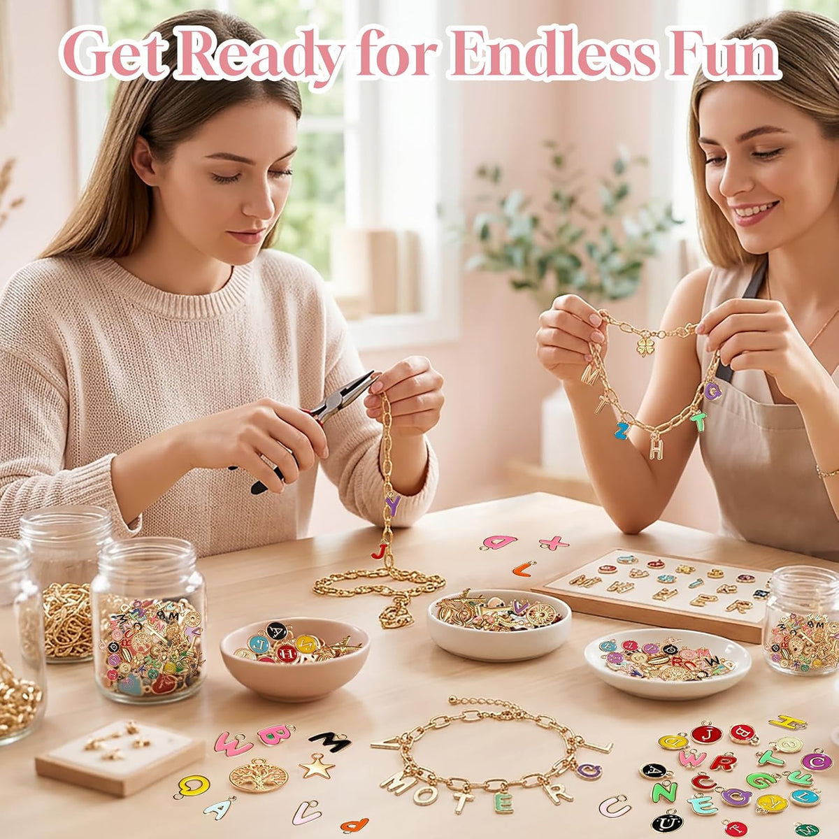 Friendship Bracelet Making Kit, DIY Jewelry Making Kit for Craft Night Beginners, Personalized Charms Birthday Gift with 12 Set Anti-Tarnish Chains & 78 Pcs Letters Charms - view 3