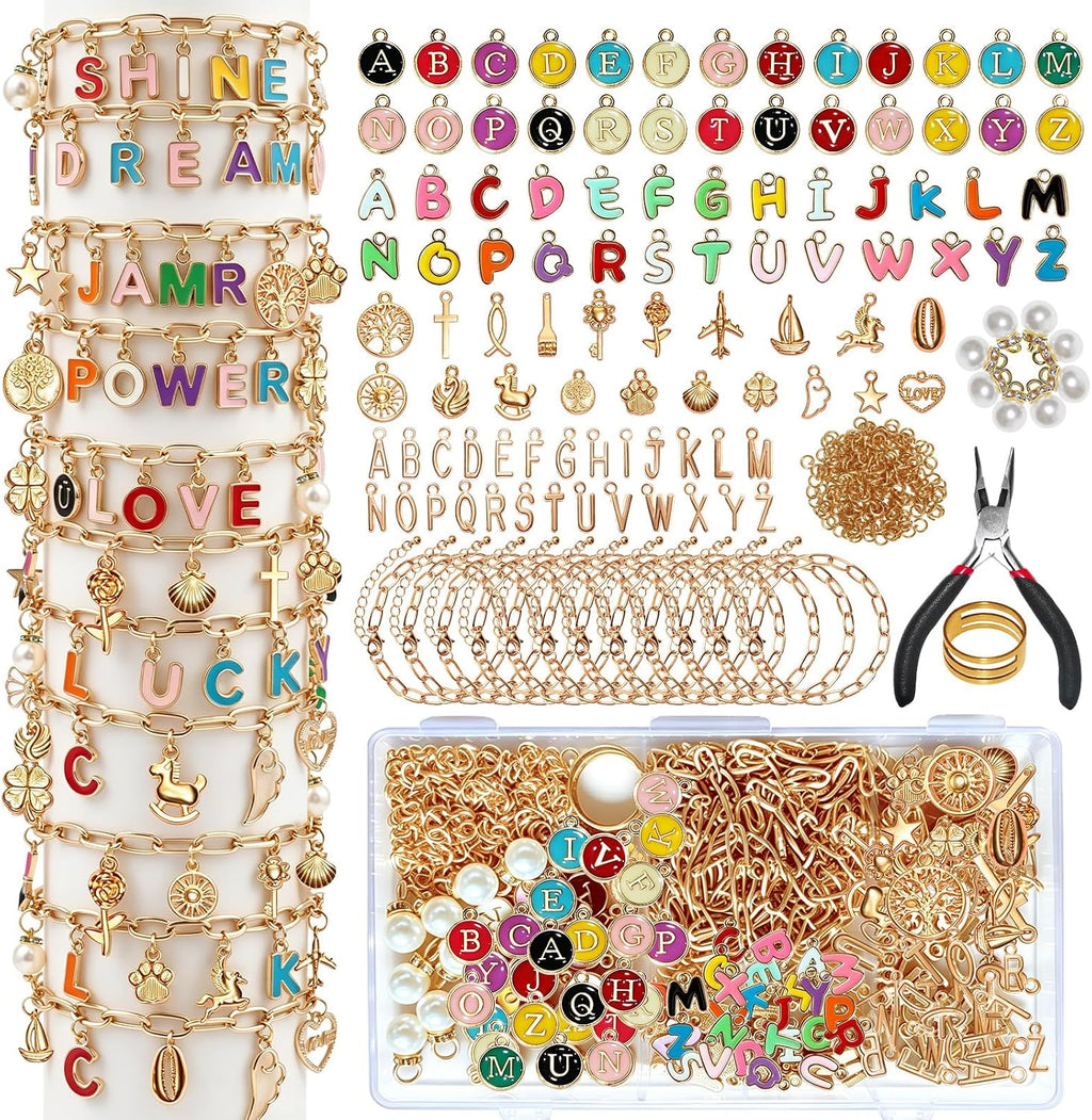 Friendship Bracelet Making Kit, DIY Jewelry Making Kit for Craft Night Beginners, Personalized Charms Birthday Gift with 12 Set Anti-Tarnish Chains & 78 Pcs Letters Charms
