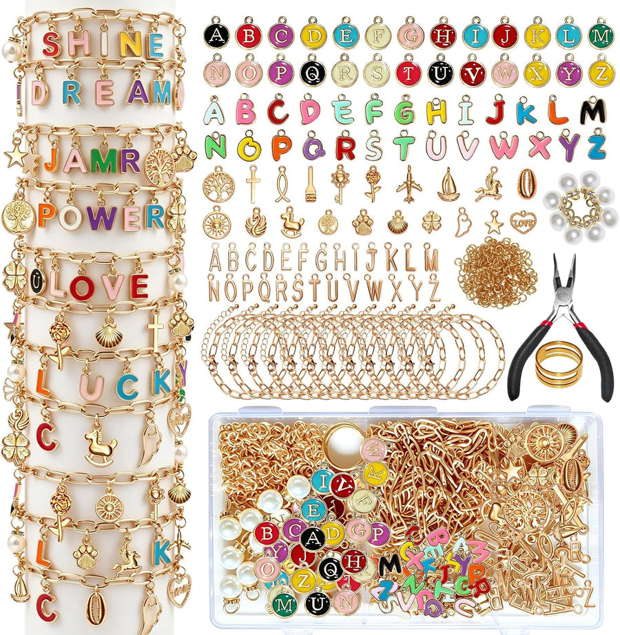 Friendship Bracelet Making Kit, DIY Jewelry Making Kit for Craft Night Beginners, Personalized Charms Birthday Gift with 12 Set Anti-Tarnish Chains & 78 Pcs Letters Charms