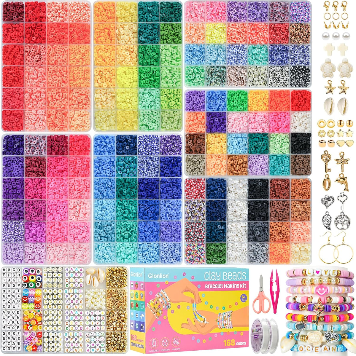 30,000 Pcs Clay Beads Bracelet Making Kit, 168 Colors 8 Boxes Flat Preppy Beads for Friendship Bracelets, Jewelry Kit with Pendant Charms Elastic String Crafts Arts Crafts Gifts