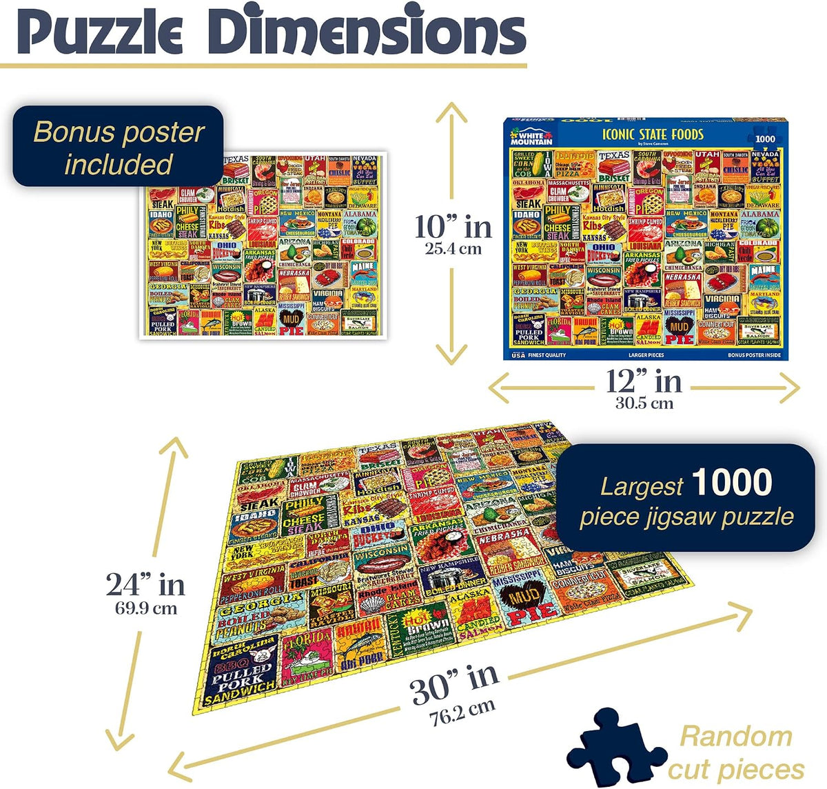 1000 Piece Jigsaw Puzzle, Iconic State Foods | Large Pieces, Gift for Adults and Family, 24"x30" in, Classic American Food Collage - view 3