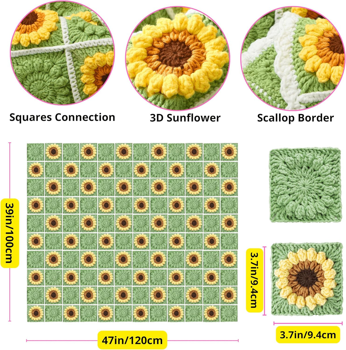Crochet Blanket Kit for Beginners, Sunflower Granny Square Crochet Blanket Kit for Adults, Easy Learn How to Knitting with Yarn Accessories Book & Video Tutorials for Starter (47" x 39") - view 5