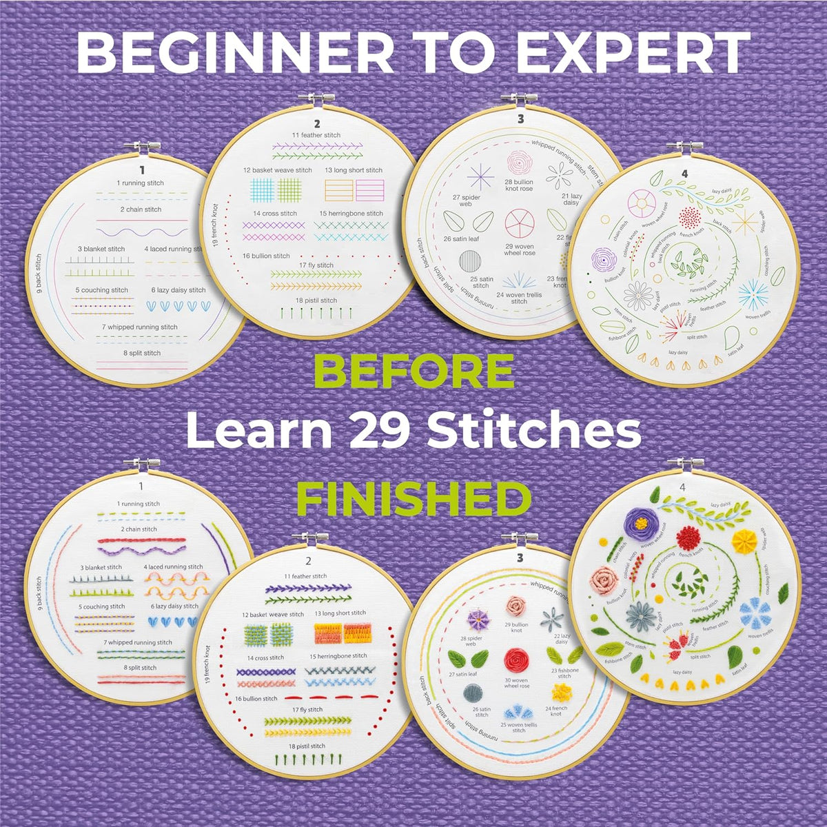 4-Piece Starter Embroidery Kit for Beginners and Expert with Simple Patterns, Learn 29 Stitches with Hand Embroidery Kit - view 4