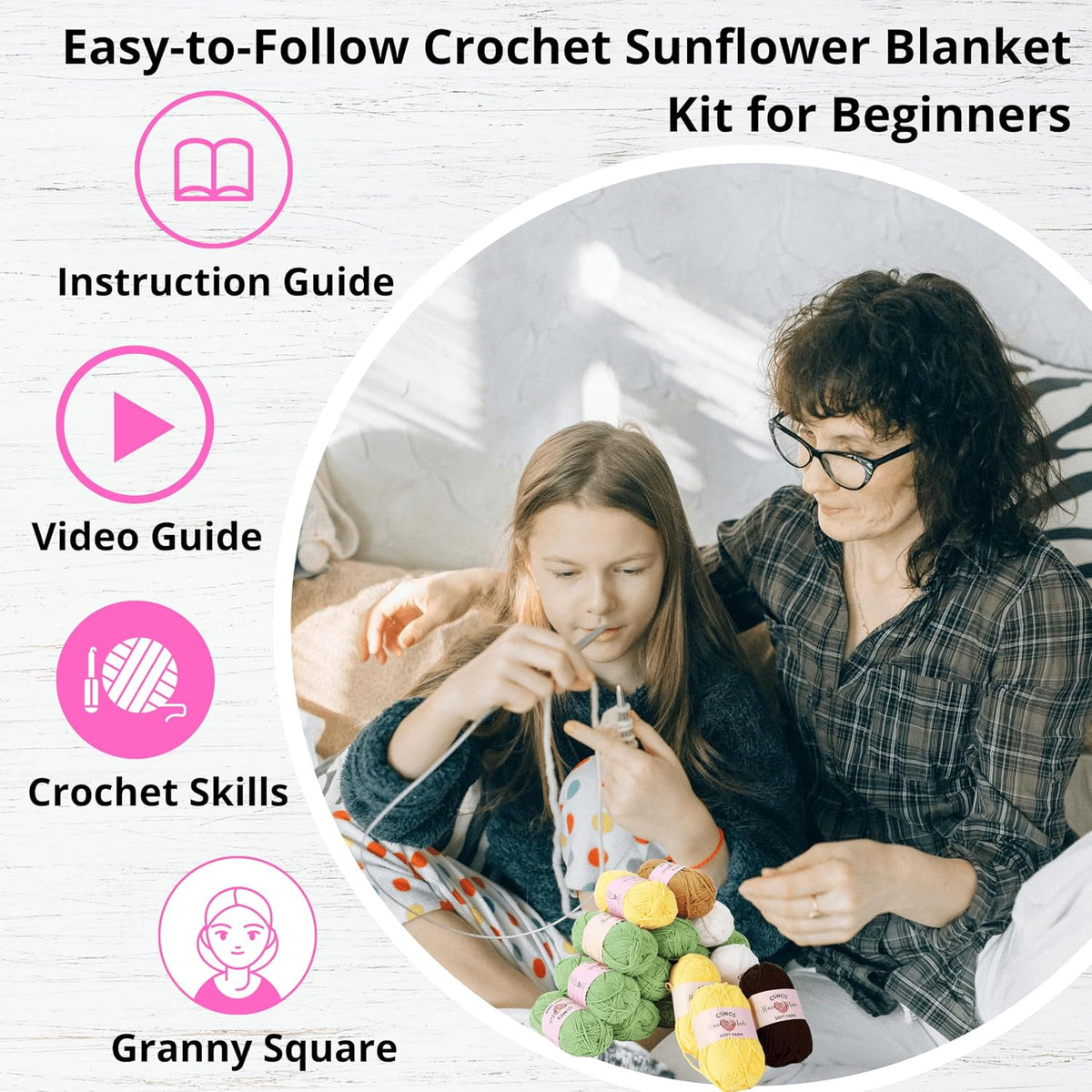 Crochet Blanket Kit for Beginners, Sunflower Granny Square Crochet Blanket Kit for Adults, Easy Learn How to Knitting with Yarn Accessories Book & Video Tutorials for Starter (47" x 39") - view 3