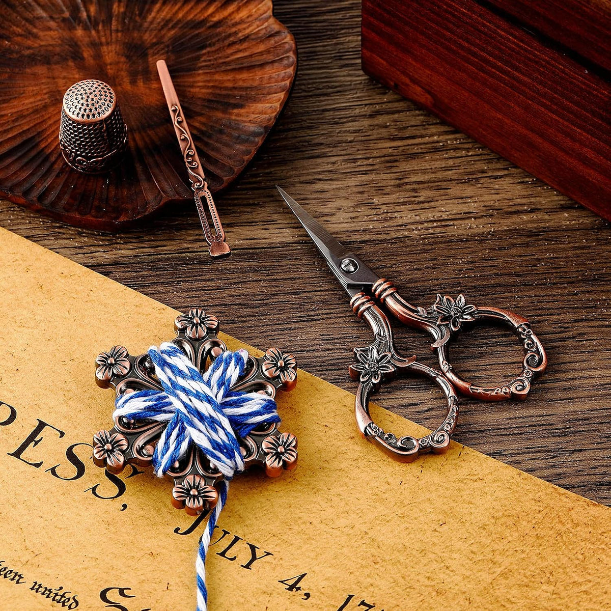 7 Pieces Embroidery Scissor Kit Vintage Scissors for European Style Stainless Steel Sewing Tool Set Antique Sewing Scissor for Crafting Embroidery Sewing Needlework (Red Copper) - view 4