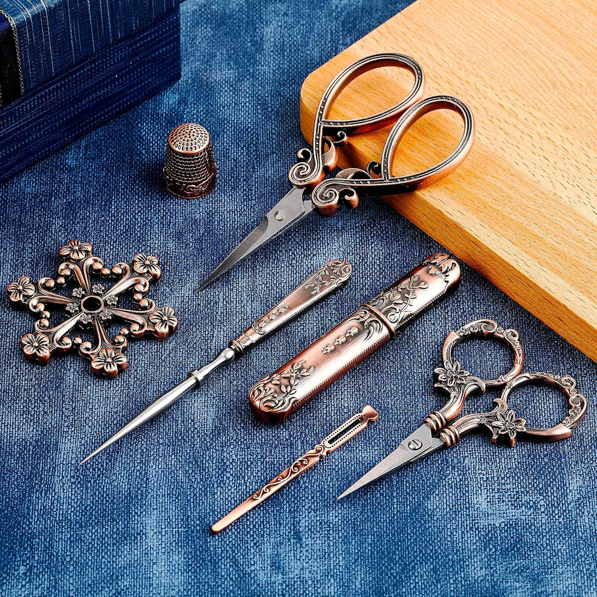 7 Pieces Embroidery Scissor Kit Vintage Scissors for European Style Stainless Steel Sewing Tool Set Antique Sewing Scissor for Crafting Embroidery Sewing Needlework (Red Copper) - view 3