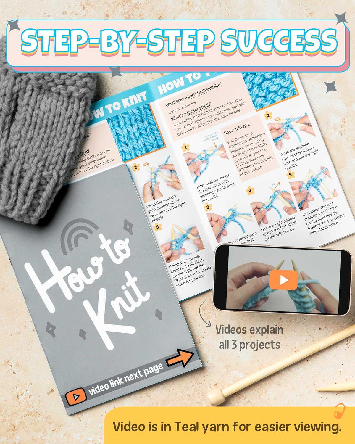 Complete Knitting Kit for Beginners - Learn to Knit Kit with Knitting Accessories Like Thick Beginner Yarn in Gray, Bamboo Needles for Beginners & More - Includes Video Tutorials & Written Guide - view 3