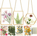 Pressed Flower Frame Kit, 3 Hanging Glass Frames | Three gold double-glass hanging frames with chains, 4 flower packs, tweezers and adhesive dots for flat botanical keepsakes.