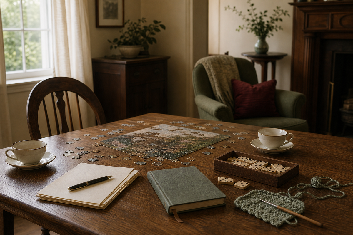 A welcoming parlor table prepared with puzzles, letters, dominoes and crochet